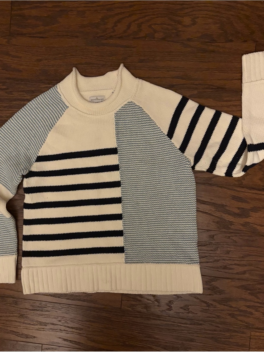 LL Bean Striped Patchwork Crewneck Sweater - Cream & Navy